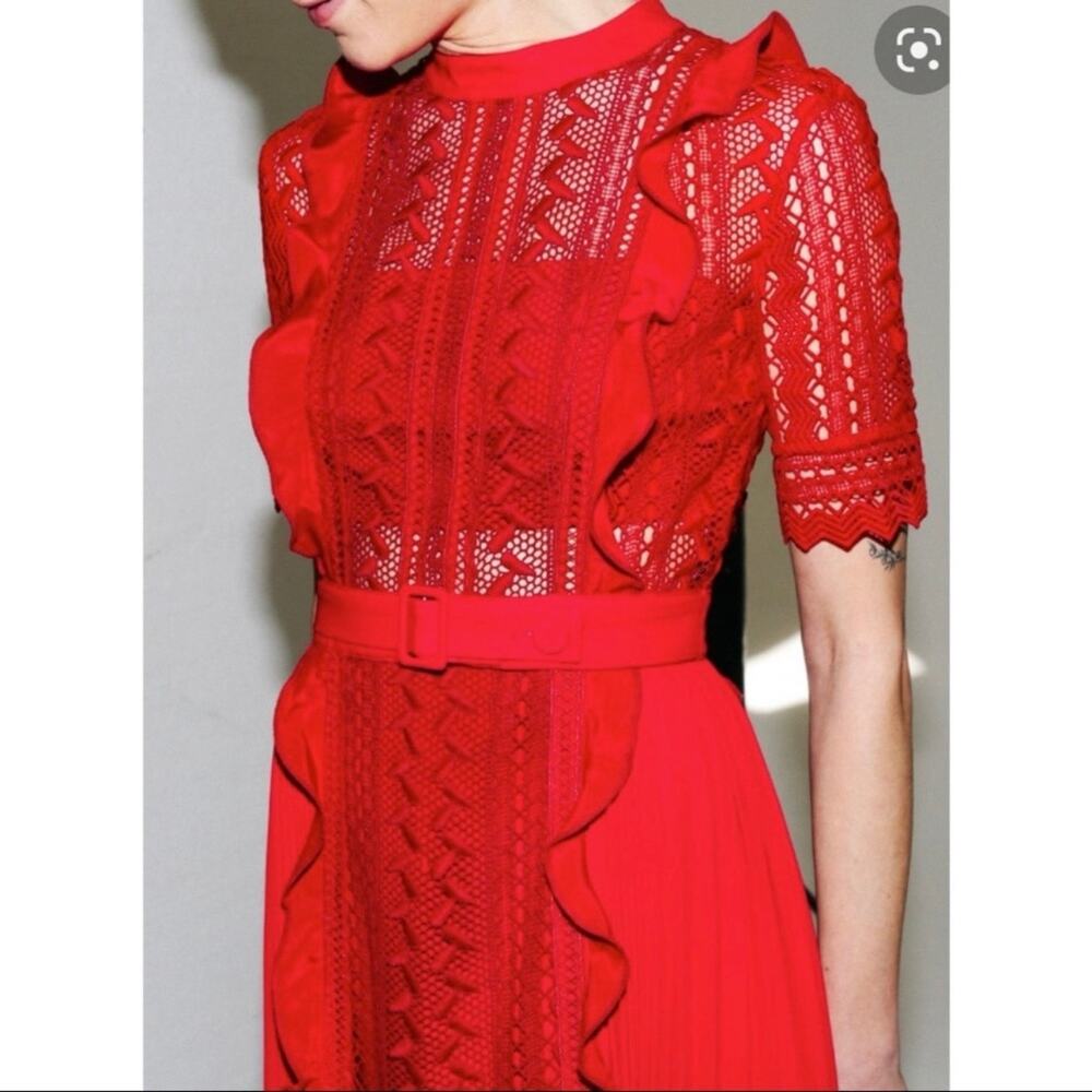 NWT Self-Portrait Red Geometric Lace Dress Guipure Crochet Preppy Twee Size 2 - Picture 3 of 16